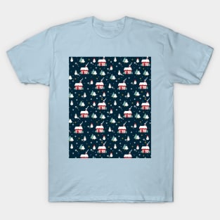 Cabin House and Snowmen Art Pattern T-Shirt